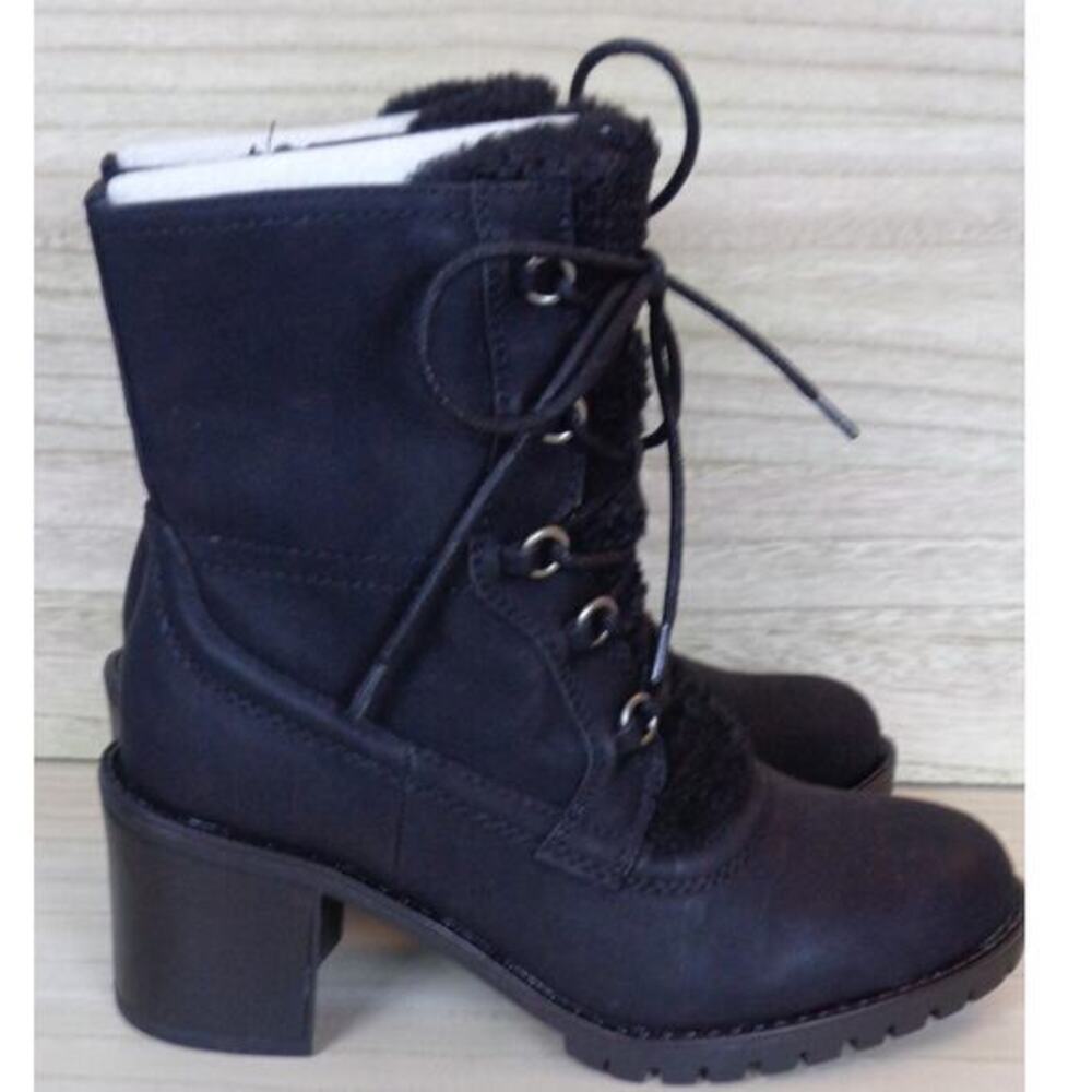 Baretraps Hadlee Black Boot Block Heel Lug Sole Lace Up & Zip Womens Size 5.5